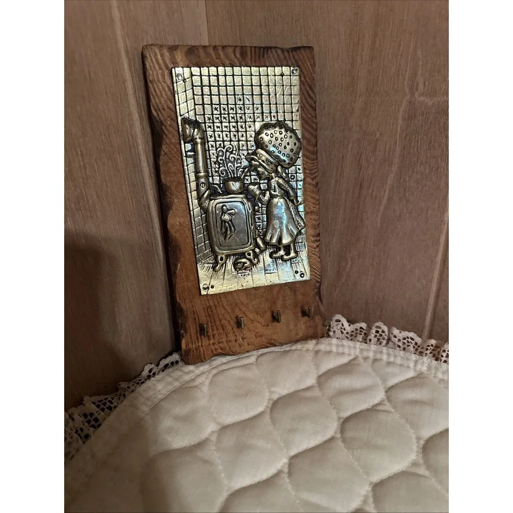 vintage 1970s Holly Hobbie key holder wall plaque with brass Relief On Wood